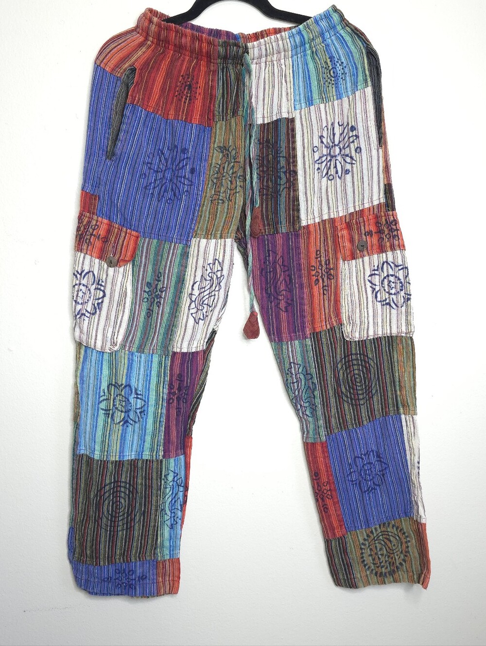 Colorful Patchwork Hippie Bohemian Cotton Pants Pockets Size Medium